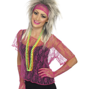 Lace Net Vest, Gloves & Headband, Neon Pink