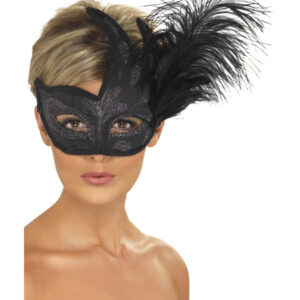 Ornate Colombina Feather Mask, Black