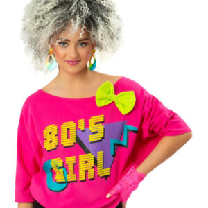 80s Girl Bat Wing T-Shirt, Neon Pink, Printed